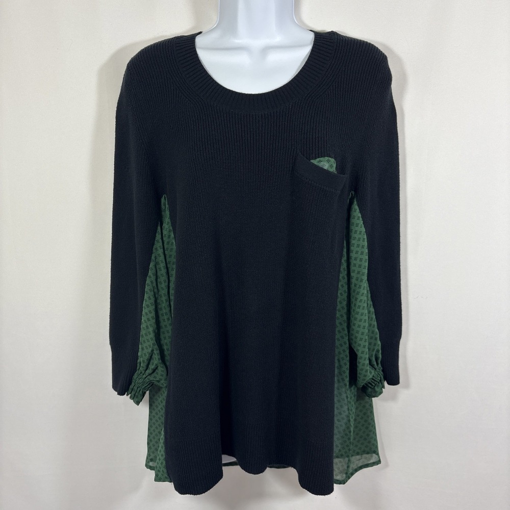 Cabi 3520 Get Together Sweater Sz M Black Green Chiffon Hi-Low Tunic Top Flowy